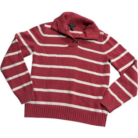 VTG Ralph Lauren Jeans Company Sweater Collared Striped Womens Large Coral White - Picture 1 of 10